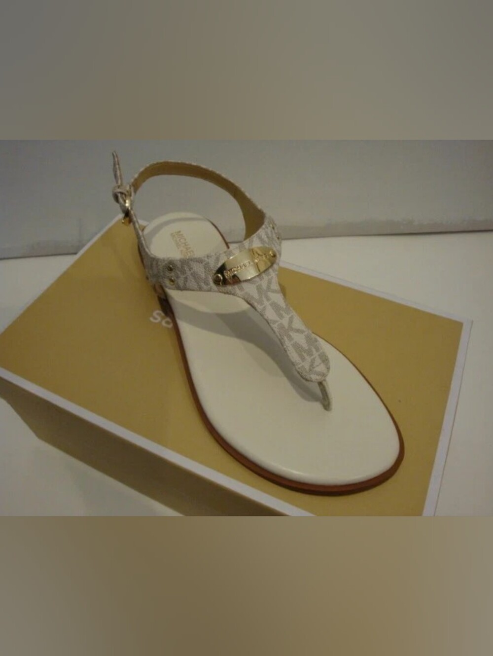 Michael Kors White Logo-Print T-Strap Sandal with Gold Accent